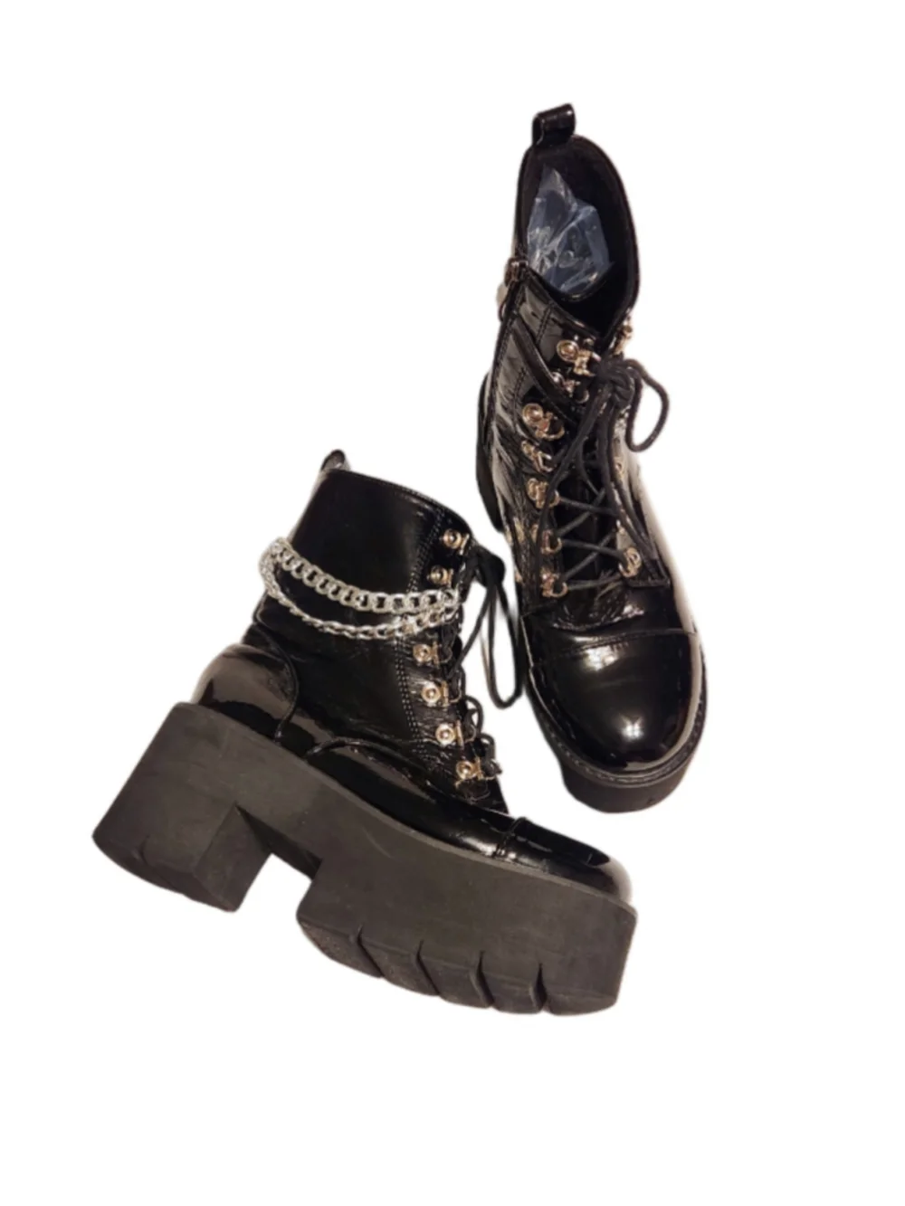 Black High Platform Silver Chain Accent Chunky Gothic Punk Ankle Boots 39/8